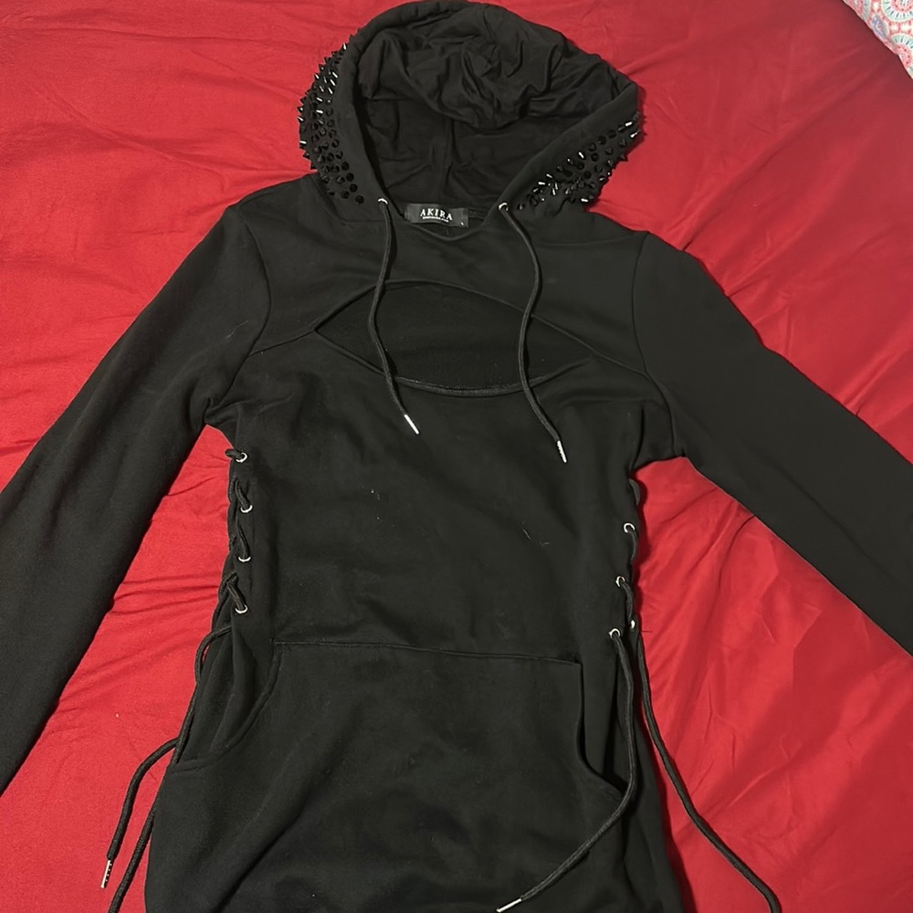 Black mini AKIRA dress has studded hood